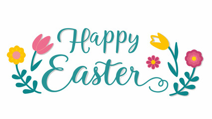Happy easter greeting with colorful spring flowers and decorative foliage on a white background