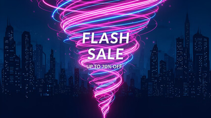 Dynamic Flash Sale Announcement with Swirling Neon Light Effect Against City Skyline