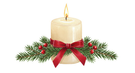 A high-detail watercolor illustration of a creamy ivory pillar candle with a bright burning flame, adorned with deep green pine sprigs and a scarlet velvet bow on a white background. Concept of