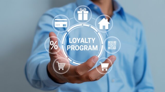 Man presenting loyalty program concept with icons floating above his hand