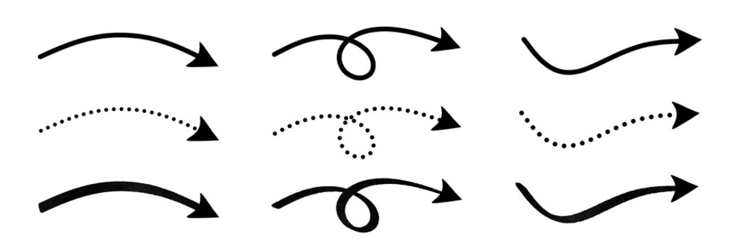 illustration: set of hand drawn curvy arrows for product display on websites in various shapes showing different direction and attentions isolated on white or transparent png