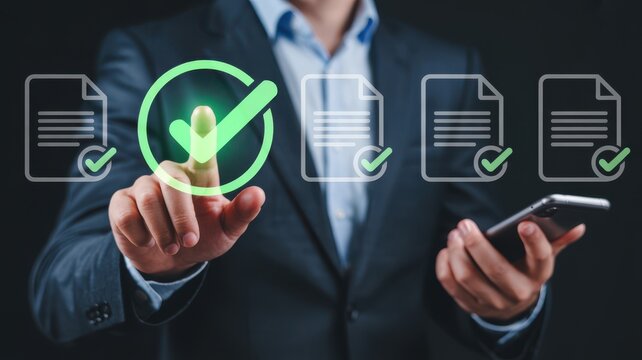 Businessman checking documents and approving business process workflow automation