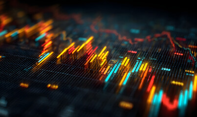 Abstract financial chart with glowing data lines and symbols, futuristic digital style, on a blurred grid background, concept of market analysis and trading, 3D Rendering