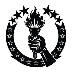 Hand holding flaming torch in star circle emblem flame