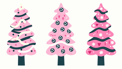 Three whimsical pink christmas trees decorated with festive patterns and ornaments presented on a clean white background