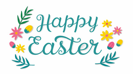 Happy easter greeting with festive floral and egg decorations in a cheerful springtime design
