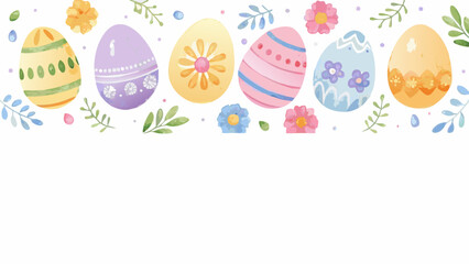 A delightful watercolor border features an assortment of vibrantly decorated easter eggs delicate flowers and lush green foliage against a clean white background