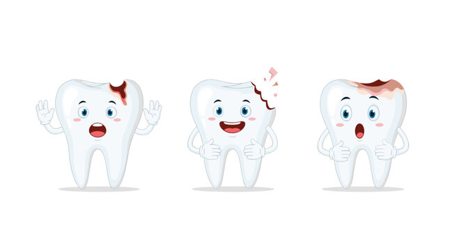 Cartoon teeth showing stages of decay, highlighting oral hygiene and dental health concepts for educational purposes, healthcare themes, and children's content.