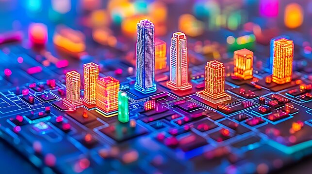Futuristic digital city with glowing neon buildings on a circuit board, symbolizing connected smart technology and data networks.