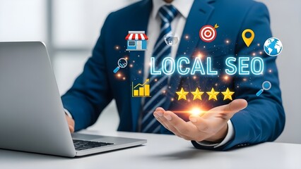 A professional in a suit works on a laptop, interacting with a holographic display of local seo text and digital marketing icons, representing online business visibility, growth, and search engine opt