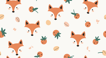A charming whimsical seamless pattern featuring foxes, berries, and nuts on a neutral background, perfect for various design applications like fabrics or stationery.