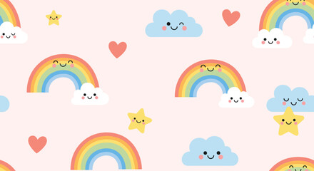 Playful cartoon background of rainbows, clouds, stars and hearts in pastel colors, perfect for children's designs, prints, and happy themes.
