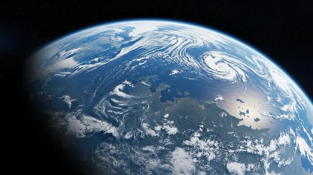 Vast Blue Planet Earth With Swirling White Clouds and Visible Landmasses Set Against Starry Black Space Background With Sunlight Reflection