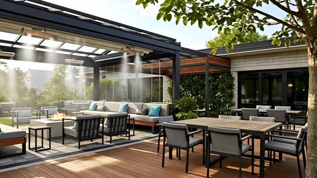 Luxury Outdoor Lounge Area With Comfortable Seating Fire Pit And Misting System For Relaxing Ambiance