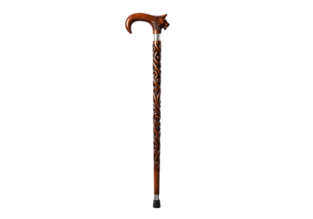 Elegant antique wooden walking cane with ornate carvings and curved handle isolated on transparent background