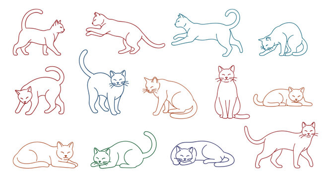 Line art illustrations of various cat poses against a white background, perfect for designs and patterns.