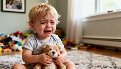 Heartbroken toddler cries holding teddy bear in playroom with toys scattered