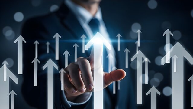 A professional in a business suit interacts with a glowing upward arrow on a digital interface, symbolizing business growth, financial success, market trend, strategic development, and future progress