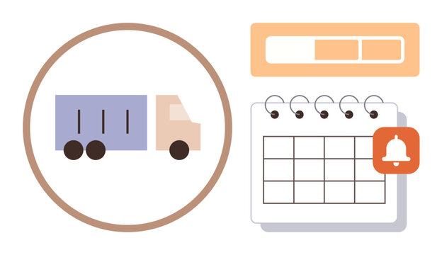 Truck delivering goods, calendar with notification bell, and progress bar for logistics planning. Ideal for supply chain, scheduling, punctuality, planning, organization reminders efficiency. A