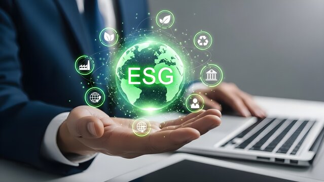 A business professional holds a glowing digital globe with esg environmental, social, and governance text and interconnected icons, representing sustainable business, responsible investment, and corpo