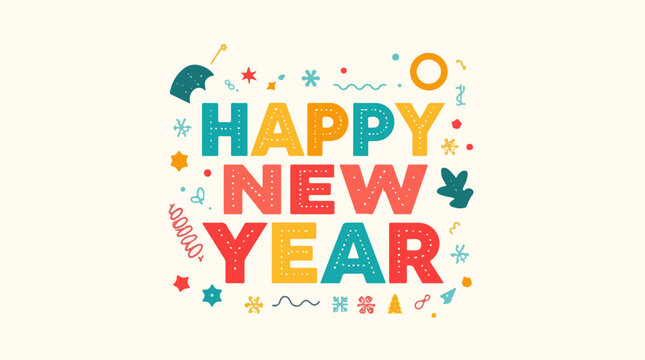 Vector illustration template featuring festive happy new year design elements with a modern flat design style, incorporating vibrant colors, bold typography