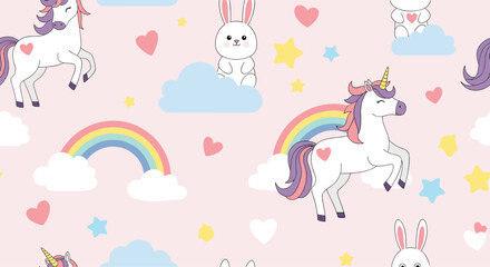 Whimsical pattern featuring unicorns, rainbows, rabbits, clouds, hearts, and stars on a pink background, perfect for children's designs and prints.