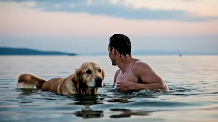 Man and retriever swimming in calm water, representing companionship, enjoyment, leisure, friendship, recreation, bond, and shared experience in nature
