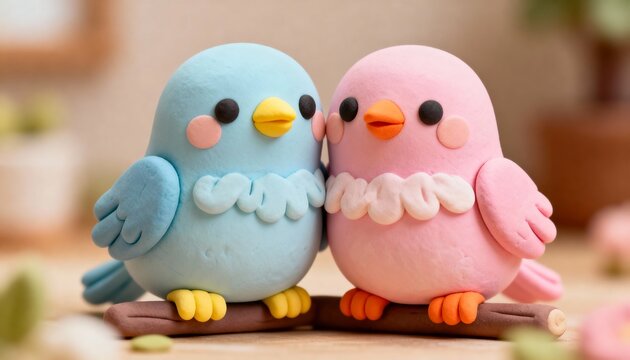 Adorable pastel clay birds in soft natural light, symbol of togetherness and gentle affection, perfect for greeting cards and whimsical art