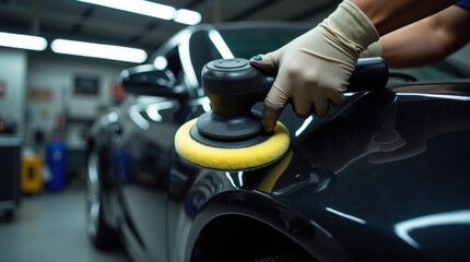 Obraz premium Manos puliendo cuidadosamente un panel brillante de un automóvil dentro de un taller de detallado profesional