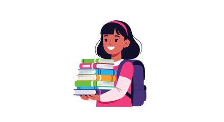 A young student happily carrying a tall stack of books, ready for school or studying, with a backpack on her back.
