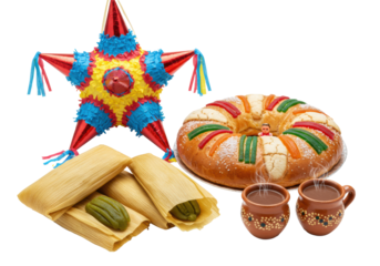 high-key studio shot of vibrant seven-point piñata, rosca de reyes, tamales, and steaming champurrado in clay mugs on a transparent background. concept of mexican holiday traditions