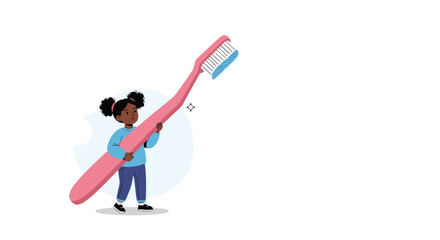 A young girl holds a giant toothbrush, promoting oral hygiene and dental care for children and kids.