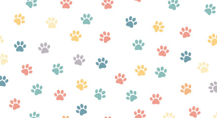 Colorful paw print pattern on a white background, perfect for pet-themed designs and backgrounds.