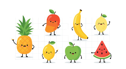 Fototapeta premium A cheerful illustration of various cartoon fruits, smiling and waving, perfect for healthy eating concepts and children's content.