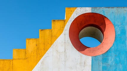 Abstract geometric architecture with colorful walls, yellow steps, and a circular opening against a blue sky, featuring a modern and vibrant design.