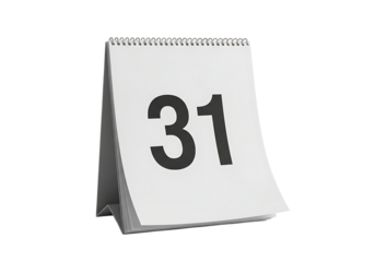 A white paper desk calendar displaying the number thirty one isolated on transparent background
