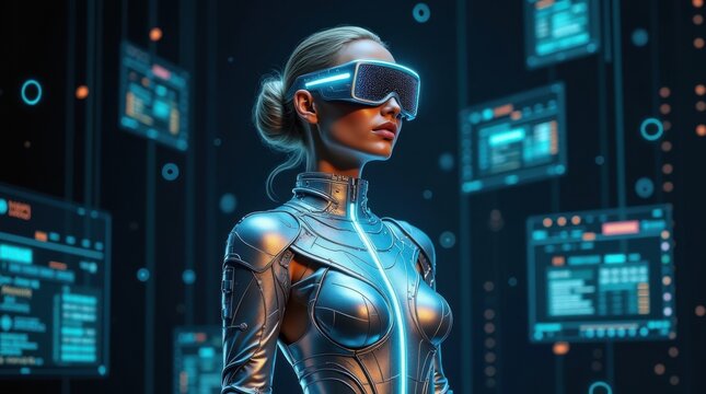 Modelo vestida con un traje robótico plateado reflectante y gafas con visera digital