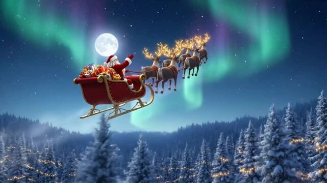 A sleigh with reindeer flies over a snowy forest under northern lights and a full moon. Represents winter, magic, gifts, celebration, Christmas spirit