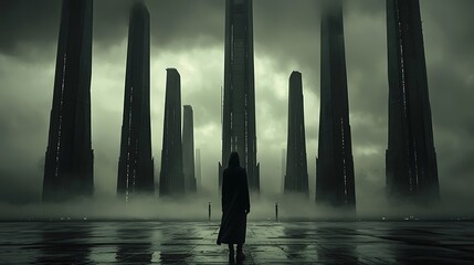 Lone figure in futuristic, foggy dystopian city with towering dark monoliths reflected on wet ground