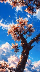 An artistic low-angle perspective of a magnificent cherry blossom tree in full bloom against a deep blue and cloudy sky