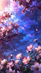 Enchanting Spring Blossom Sky and Falling Petals Under a Starlit Galaxy