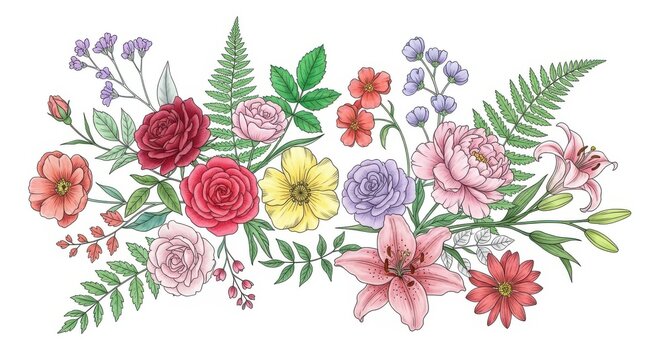 Watercolor floral arrangement isolated on white background with roses and lilies