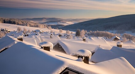 Snowy village rooftops at sunrise with rolling hills and snow-covered trees winter