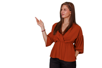 Woman presenting and pointing to copy space, showing information or product with open hand on transparent background