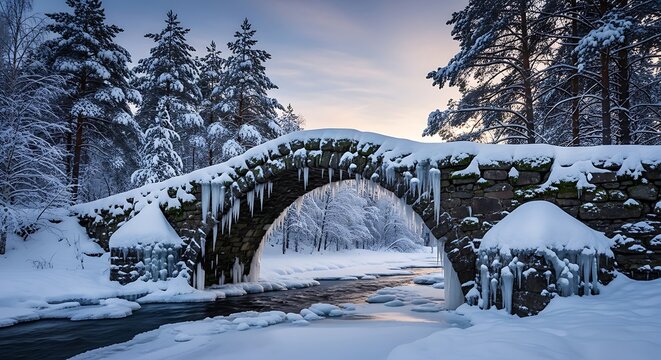 Stone Arch Bridge Covered in Snow and Icicles Over a Frozen Stream winter - Powered by Adobe