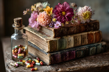 A stack of vintage books next to a vase of flowers and assorted capsules on a wooden table