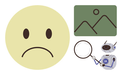 Frowning emoticon, robot examining image with magnifier, and abstract mountains. Ideal for technology, emotion, AI analysis, problem-solving, creativity, digital investigation and abstract