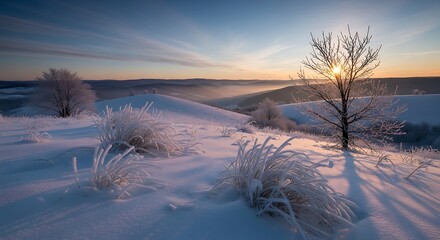 Sunlit Snowy Hills with Frost- Covered Bushes and Tree winter sunrise