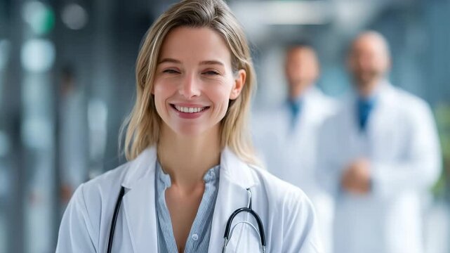 Generative AI. Smiling female doctor in white coat with stethoscope, standing confidently in modern hospital corridor, with blurred colleagues in background, representing healthcare professionalism