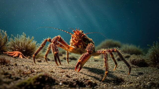A vibrant red crab with orange and black markings on its shell, walking on a sandy seabed with green and brown seaweed and rocks in the background.